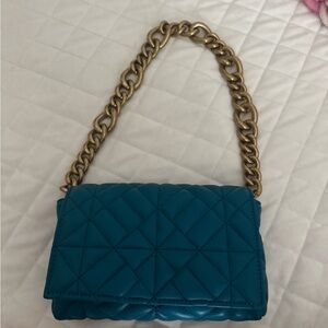Zara Turquoise & Gold Chain Quilted Shoulder Bag